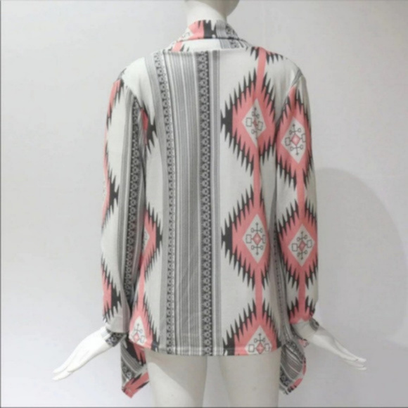 New Aztec print tribal open front boho cozy cardigan sweater top - Picture 3 of 5